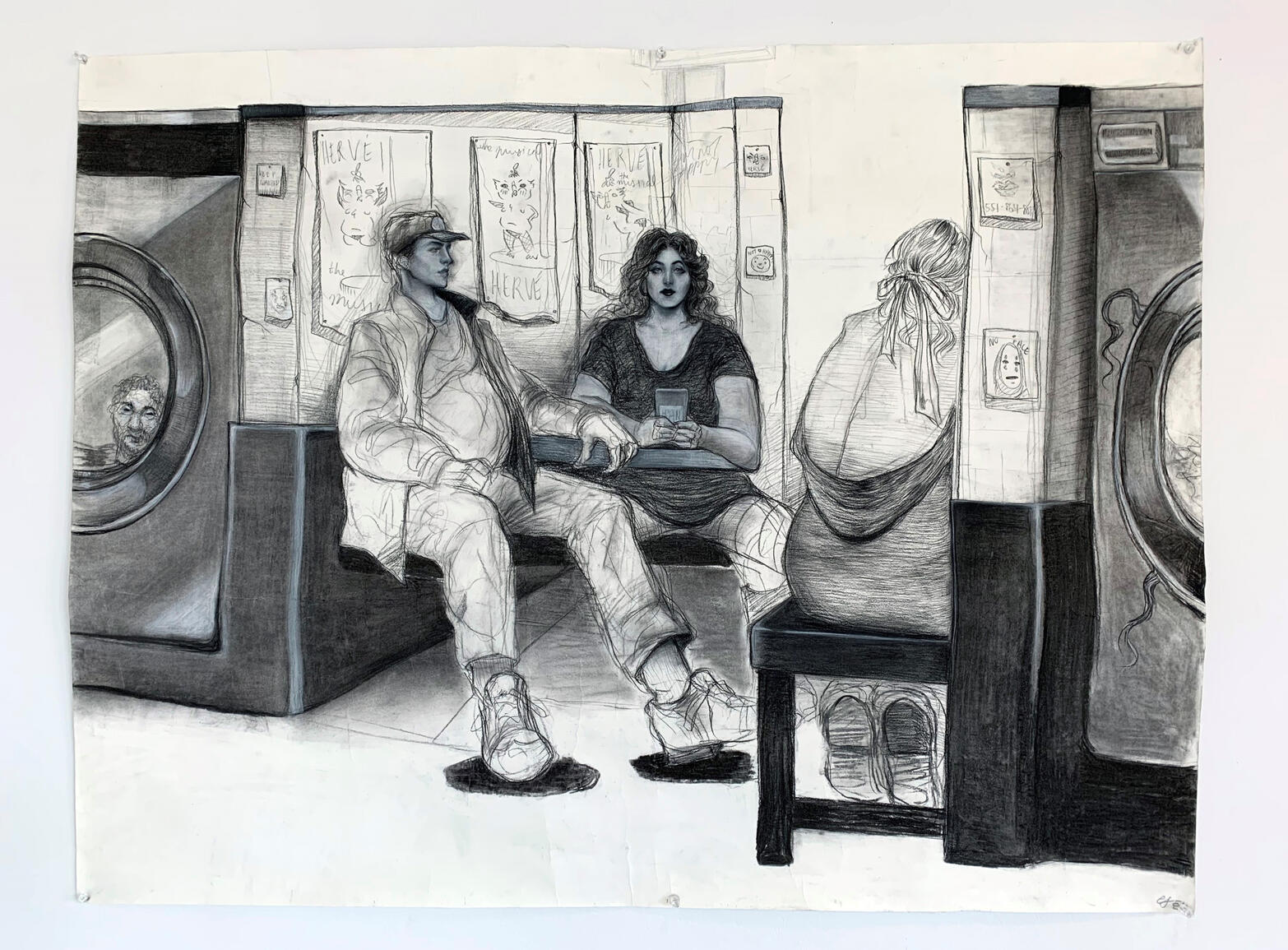 Early Bird Laundromat, 2018. Charcoal and Pastel on Paper. 29 in x 45 in